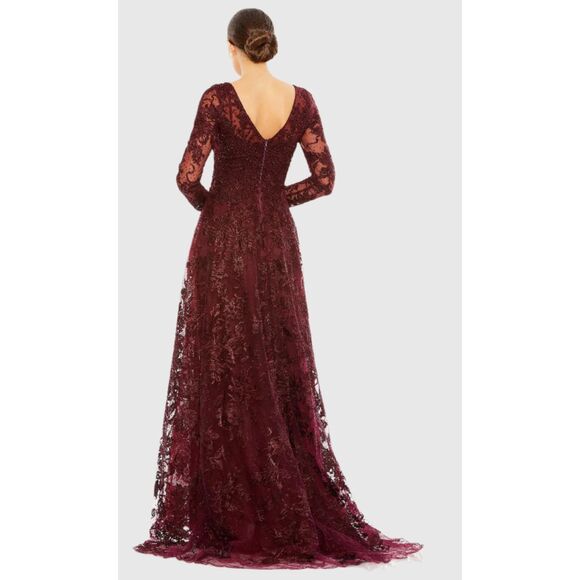 Mac Duggal  Red Embellished Illusion V Neck Long Sleeve Gown, 10, NWT - Picture 2 of 8